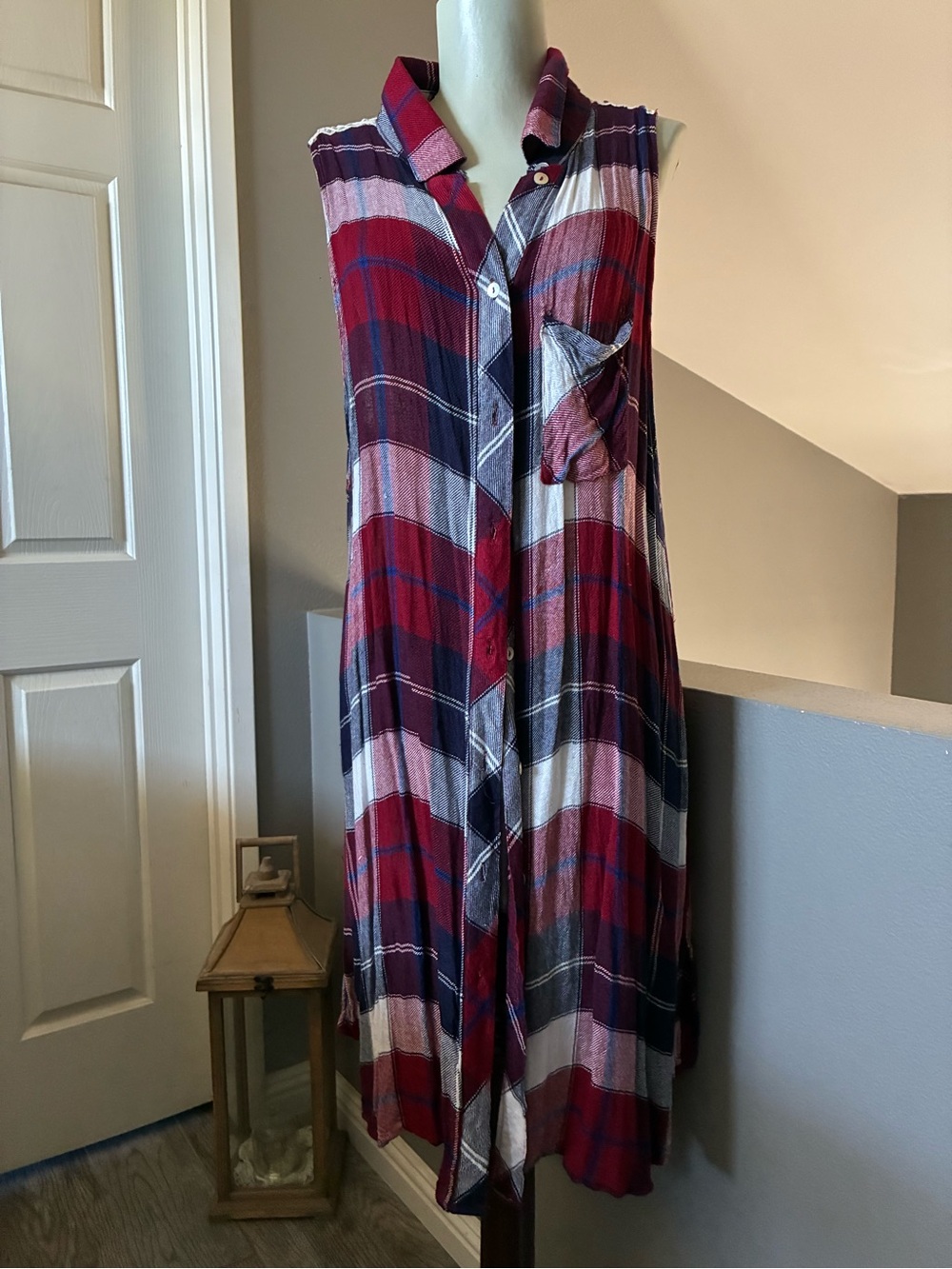 American Rag 2X Plaid Shirt Dress Red Navy White Tartan Sleeveless Midi Longline